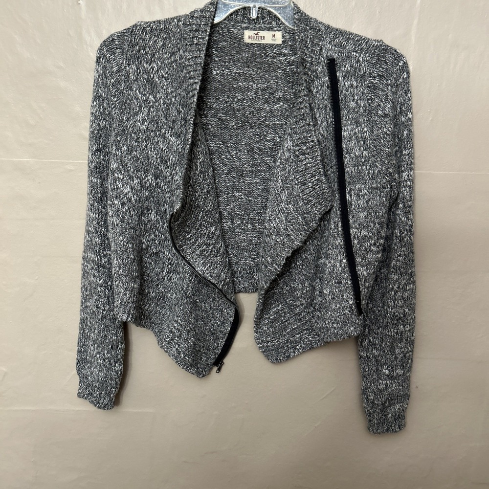 Holister‎ Medium Black White Tweed Motto Sweater Zipper Details